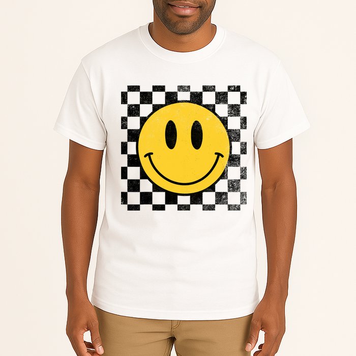 Retro Happy Face 70s Distressed Checkered Pattern Smile Face Tall T-Shirt