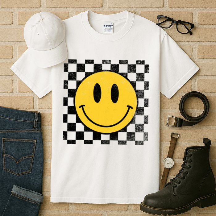 Retro Happy Face 70s Distressed Checkered Pattern Smile Face Tall T-Shirt