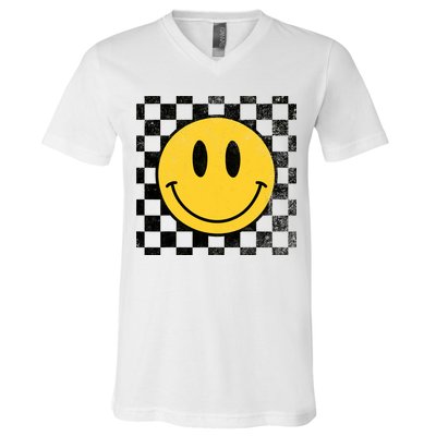 Retro Happy Face 70s Distressed Checkered Pattern Smile Face V-Neck T-Shirt