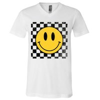 Retro Happy Face 70s Distressed Checkered Pattern Smile Face V-Neck T-Shirt