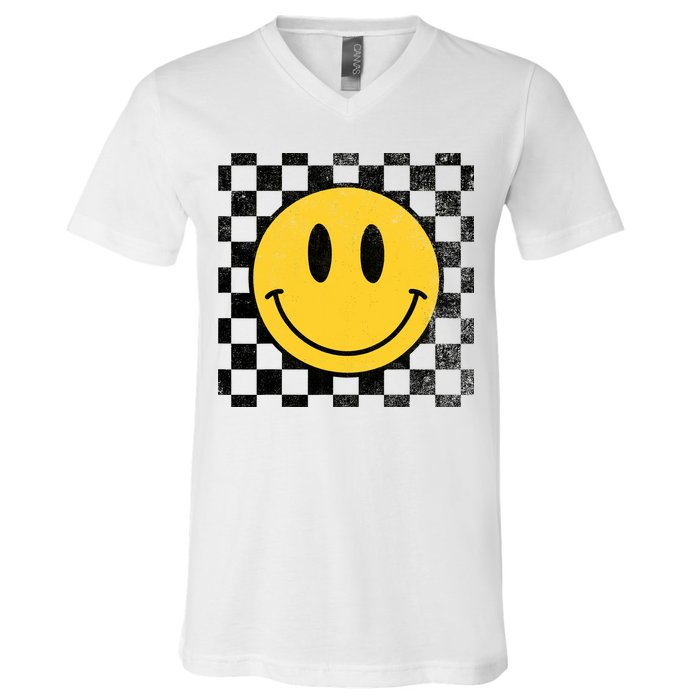Retro Happy Face 70s Distressed Checkered Pattern Smile Face V-Neck T-Shirt