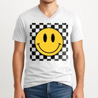 Retro Happy Face 70s Distressed Checkered Pattern Smile Face V-Neck T-Shirt