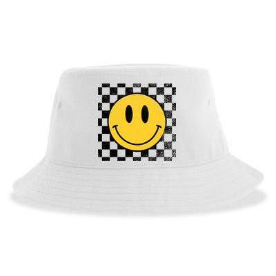 Retro Happy Face 70s Distressed Checkered Pattern Smile Face Sustainable Bucket Hat