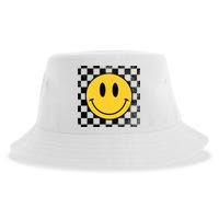 Retro Happy Face 70s Distressed Checkered Pattern Smile Face Sustainable Bucket Hat