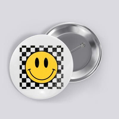 Retro Happy Face 70s Distressed Checkered Pattern Smile Face Button
