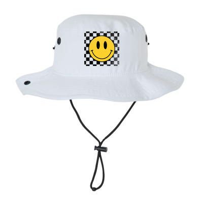Retro Happy Face 70s Distressed Checkered Pattern Smile Face Bucket Hat