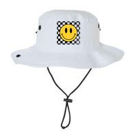 Retro Happy Face 70s Distressed Checkered Pattern Smile Face Bucket Hat