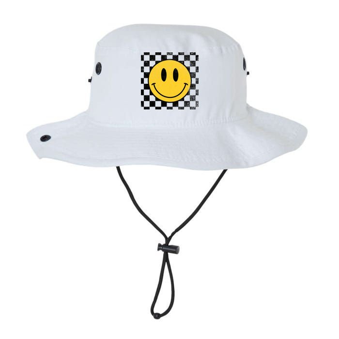 Retro Happy Face 70s Distressed Checkered Pattern Smile Face Bucket Hat