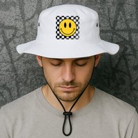 Retro Happy Face 70s Distressed Checkered Pattern Smile Face Bucket Hat