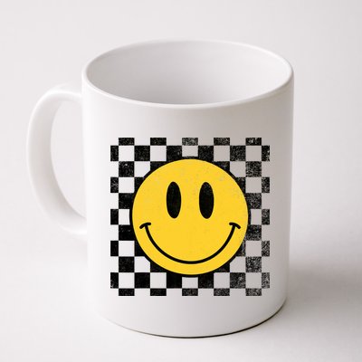 Retro Happy Face 70s Distressed Checkered Pattern Smile Face Mug