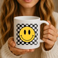 Retro Happy Face 70s Distressed Checkered Pattern Smile Face Mug