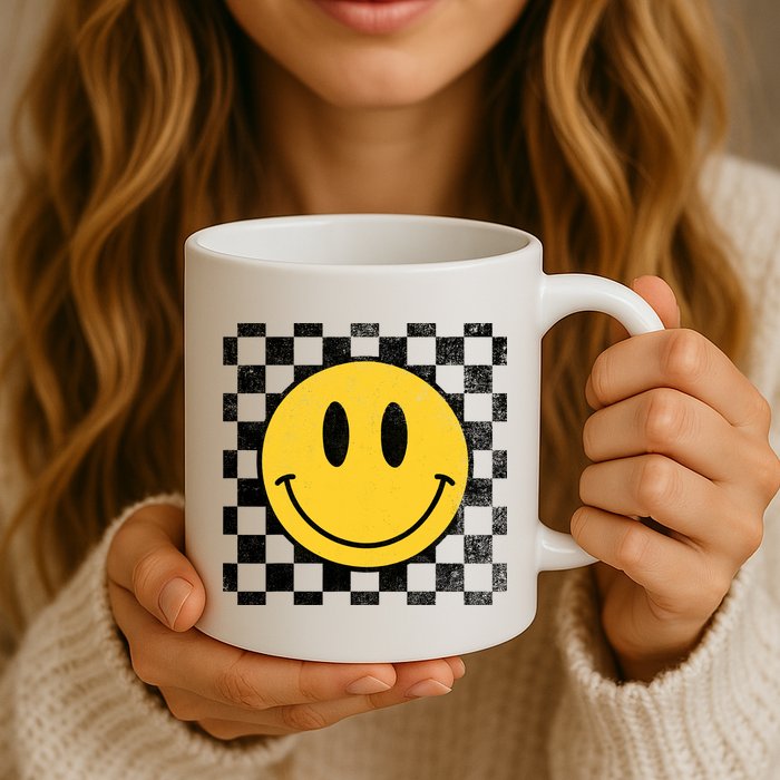 Retro Happy Face 70s Distressed Checkered Pattern Smile Face Mug