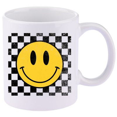 Retro Happy Face 70s Distressed Checkered Pattern Smile Face 11oz C Handle Ceramic Mug
