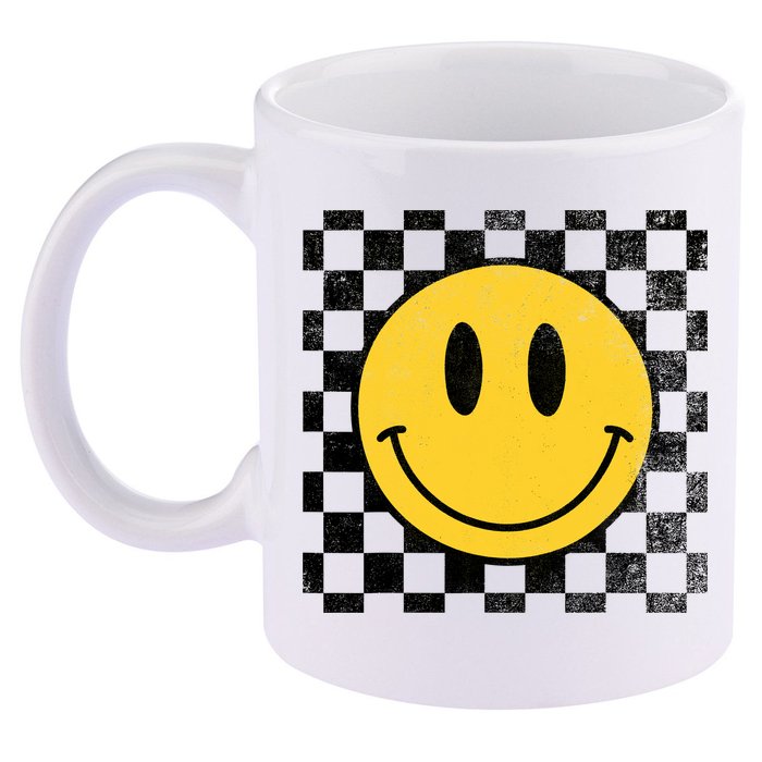 Retro Happy Face 70s Distressed Checkered Pattern Smile Face 11oz C Handle Ceramic Mug