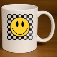 Retro Happy Face 70s Distressed Checkered Pattern Smile Face 11oz C Handle Ceramic Mug