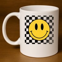 Retro Happy Face 70s Distressed Checkered Pattern Smile Face 11oz C Handle Ceramic Mug