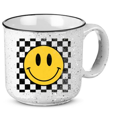 Retro Happy Face 70s Distressed Checkered Pattern Smile Face 15oz Campfire Ceramic Mug