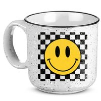 Retro Happy Face 70s Distressed Checkered Pattern Smile Face 15oz Campfire Ceramic Mug