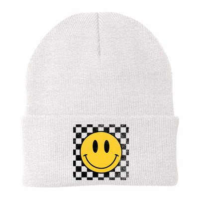 Retro Happy Face 70s Distressed Checkered Pattern Smile Face Beanie
