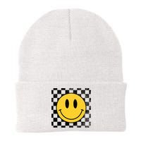 Retro Happy Face 70s Distressed Checkered Pattern Smile Face Beanie