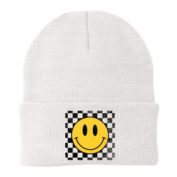 Retro Happy Face 70s Distressed Checkered Pattern Smile Face Beanie