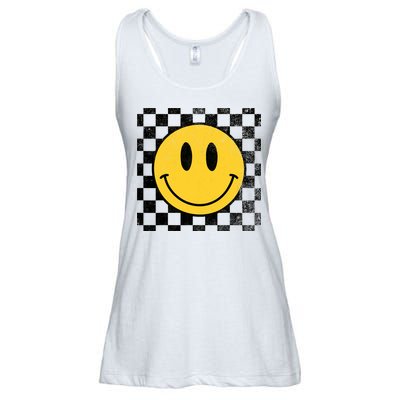 Retro Happy Face 70s Distressed Checkered Pattern Smile Face Ladies Essential Flowy Tank