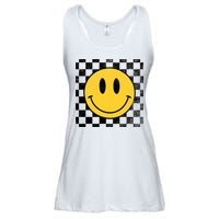 Retro Happy Face 70s Distressed Checkered Pattern Smile Face Ladies Essential Flowy Tank