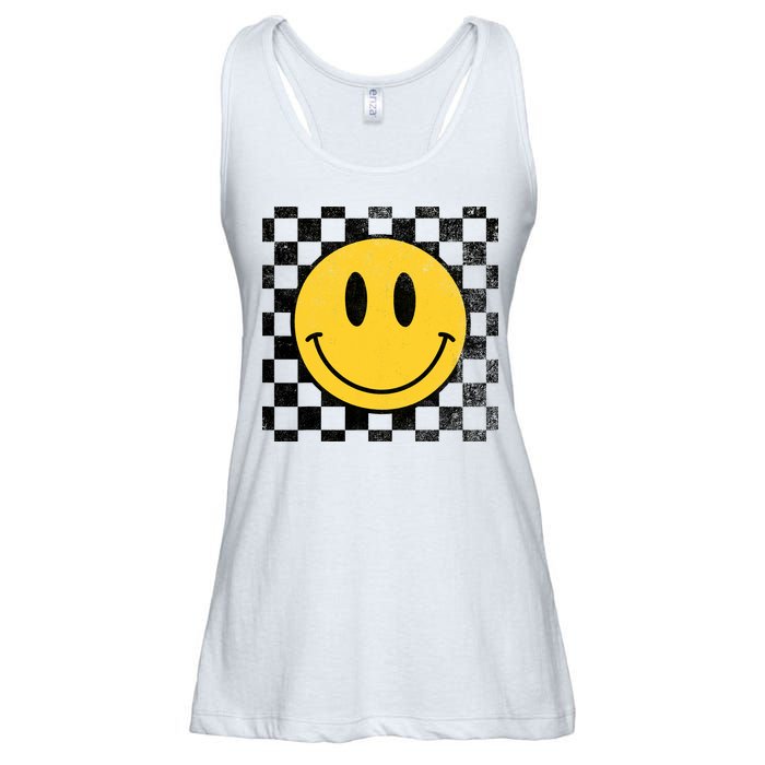 Retro Happy Face 70s Distressed Checkered Pattern Smile Face Ladies Essential Flowy Tank