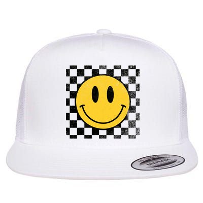 Retro Happy Face 70s Distressed Checkered Pattern Smile Face Flat Bill Trucker Hat