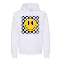 Retro Happy Face 70s Distressed Checkered Pattern Smile Face Premium Hoodie