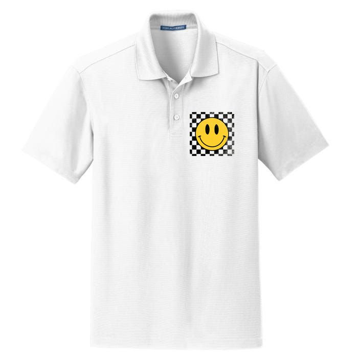 Retro Happy Face 70s Distressed Checkered Pattern Smile Face Dry Zone Grid Polo