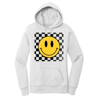 Retro Happy Face 70s Distressed Checkered Pattern Smile Face Women's Pullover Hoodie