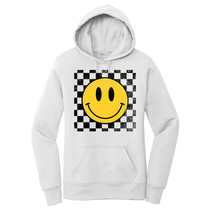Retro Happy Face 70s Distressed Checkered Pattern Smile Face Women's Pullover Hoodie