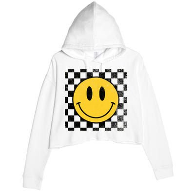 Retro Happy Face 70s Distressed Checkered Pattern Smile Face Crop Fleece Hoodie