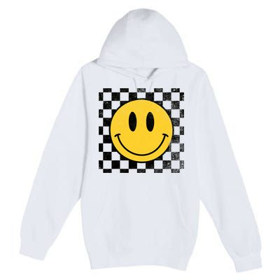 Retro Happy Face 70s Distressed Checkered Pattern Smile Face Premium Pullover Hoodie