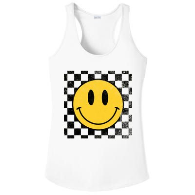 Retro Happy Face 70s Distressed Checkered Pattern Smile Face Ladies PosiCharge Competitor Racerback Tank