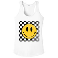Retro Happy Face 70s Distressed Checkered Pattern Smile Face Ladies PosiCharge Competitor Racerback Tank