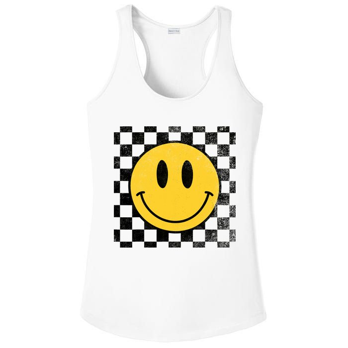 Retro Happy Face 70s Distressed Checkered Pattern Smile Face Ladies PosiCharge Competitor Racerback Tank