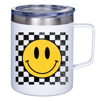 Retro Happy Face 70s Distressed Checkered Pattern Smile Face 12oz Stainless Steel Coffee Mug