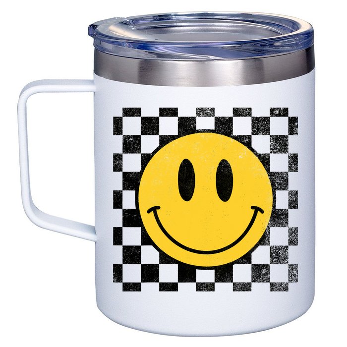Retro Happy Face 70s Distressed Checkered Pattern Smile Face 12oz Stainless Steel Coffee Mug