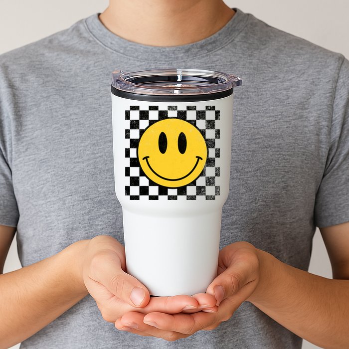 Retro Happy Face 70s Distressed Checkered Pattern Smile Face Tumbler