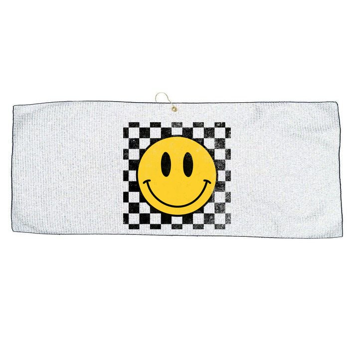 Retro Happy Face 70s Distressed Checkered Pattern Smile Face Large Microfiber Waffle Golf Towel