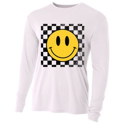 Retro Happy Face 70s Distressed Checkered Pattern Smile Face Cooling Performance Long Sleeve Crew