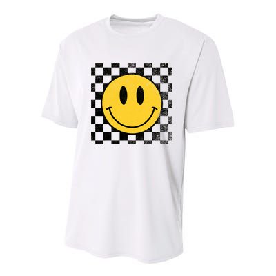 Retro Happy Face 70s Distressed Checkered Pattern Smile Face Youth Performance Sprint T-Shirt