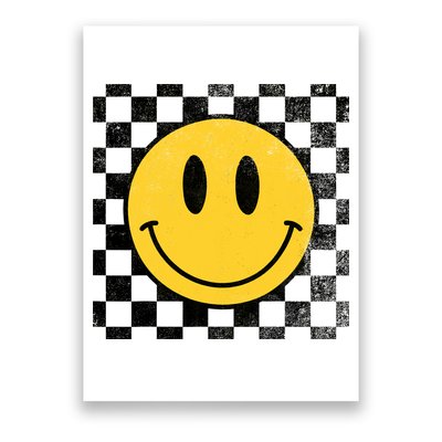Retro Happy Face 70s Distressed Checkered Pattern Smile Face Poster