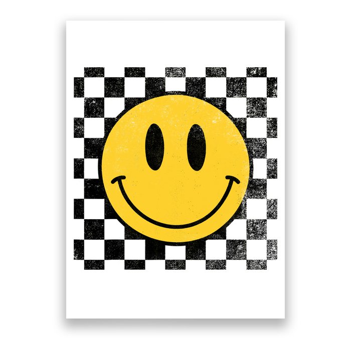 Retro Happy Face 70s Distressed Checkered Pattern Smile Face Poster