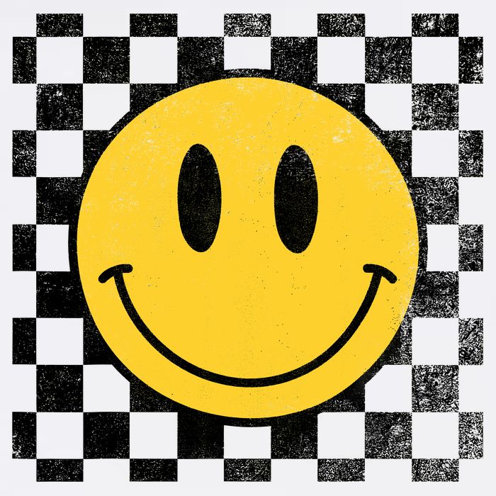 Retro Happy Face 70s Distressed Checkered Pattern Smile Face Poster