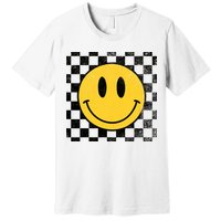 Retro Happy Face 70s Distressed Checkered Pattern Smile Face Premium T-Shirt