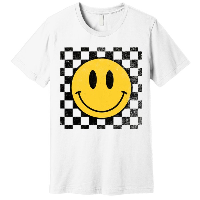 Retro Happy Face 70s Distressed Checkered Pattern Smile Face Premium T-Shirt
