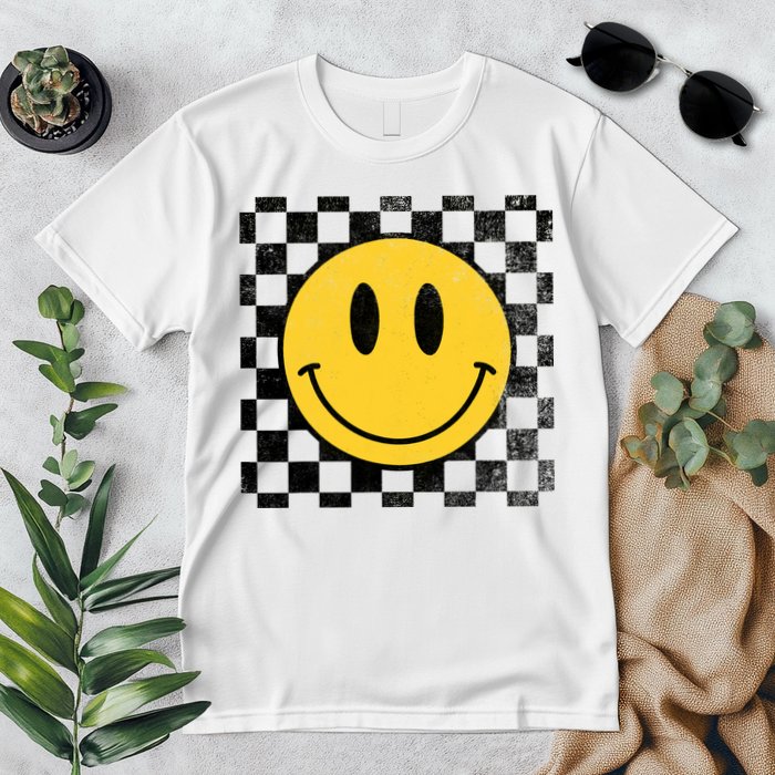 Retro Happy Face 70s Distressed Checkered Pattern Smile Face Premium T-Shirt